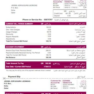 QATAR QTEL utility bill Word and PDF template download template file