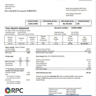Saudi Arabia Rabigh Power Company utility bill, Word and PDF template download template file
