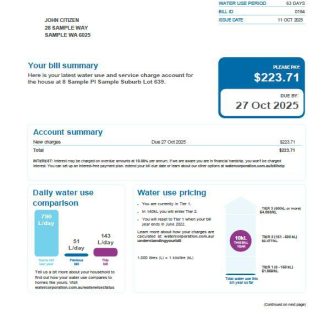 Australia Water Corporation utility bill template in Word and PDF formats download template file