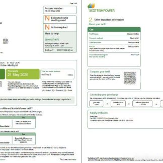 Scotland Scottish Power utility bill template in Word and PDF formats, 6 pages, 1 2 pages download template file