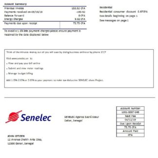 Senegal Senelec Agence Sacré Coeur Company electricity utility bill template in Word and PDF format download template file