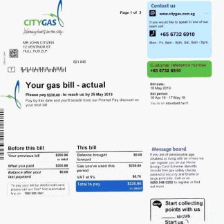 Singapore City Gas utility bill template, fully editable in PSD format download template file