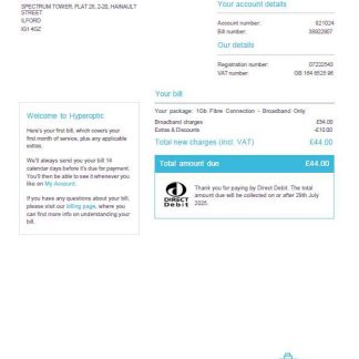 Slovakia Hyperoptic utility bill template in Word and PDF formats download template file