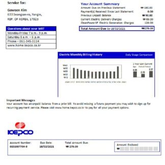 South Korea Electric Power Corporation electricity utility bill template in Word and PDF format download template file