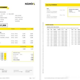 Spain Masmovil internet and mobile utility bill Word and PDF formats, 5 pages download template file