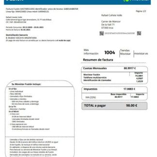 Spain Movistar Fusion telecom operator utility bill document in Word and PDF format download template file