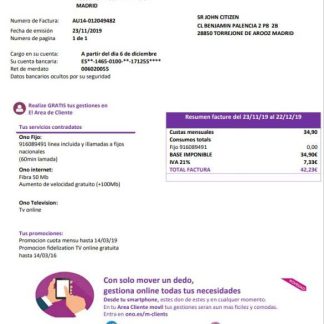 Spain ONO easy fillable utility bill template in Word and PDF format (.doc and .pdf) download template file