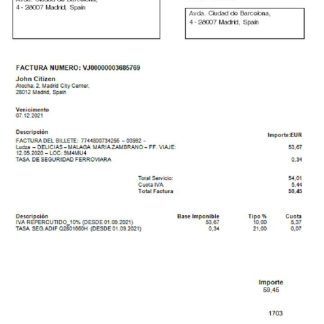 Spain Renfe utility bill template in Word and PDF format download template file
