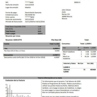 Spain Vodafone telecommunications utility bill template in Word and PDF format download template file