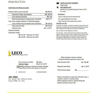 Sri Lanka LECO Company electricity utility bill template in Word and PDF format download template file