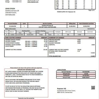 Switzerland Repower AG utility bill template, fully editable in Word and PDF format download template file