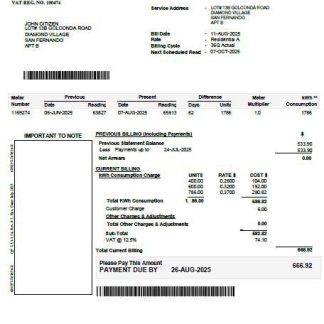 Trinidad and Tobago Electricity Commission utility bill template in Word and PDF formats download template file