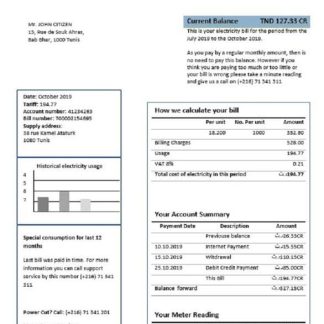 Tunisia electricity proof of address utility bill template in Word and PDF format download template file