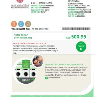 UAE Abu Dhabi Distribution Co. utility bill template in Word and PDF format download template file
