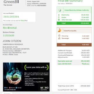 UAE Dubai Electricity & Water Authority utility bill template in Word and PDF formats, version 2 download template file
