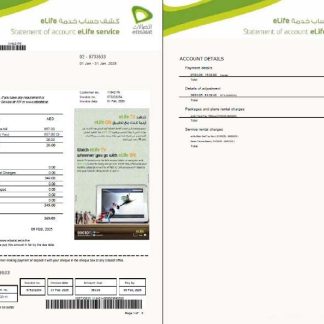 UAE Etisalat utility bill template in Word and PDF formats, 2 pages, version 2 download template file