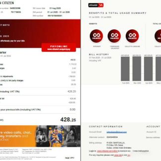 UAE Etisalat utility bill template in Word and PDF formats, 2 pages, version 3 download template file