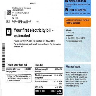 Azerbaijan Socar electricity utility bill template, fully editable in PSD format download template file