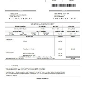 Ukraine Vodokanal Donetsk (Донецькмиськводоканал) utility bill template in Word and PDF format download template file