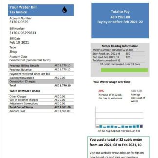United Arab Emirates Abu Dhabi Distribution water utility bill template in Word and PDF format download template file