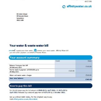United Kingdom Affinity Water utility bill template in Word and PDF format download template file