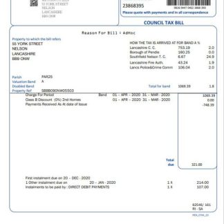 United Kingdom Borough of Pendle council tax bill template in Word and PDF format download template file