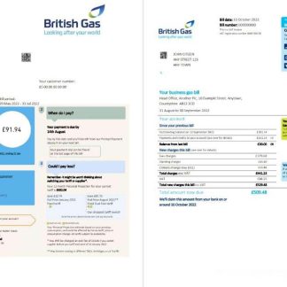 United Kingdom British Gas bill, Word and PDF template, 2 pages download template file