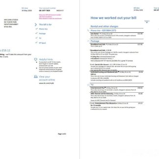 United Kingdom BT utility bill template in Word and PDF format, 2 pages download template file