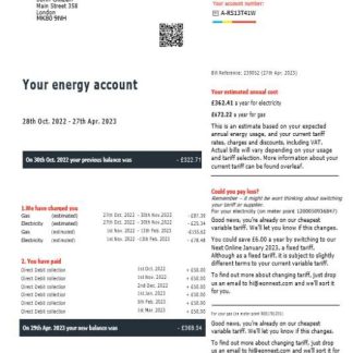 United Kingdom Eon gas and electricity utility bill in Word and PDF formats, version 7 download template file