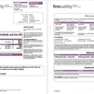 United Kingdom First gas and electricity utility bill in Word and PDF formats, 6 pages download template file