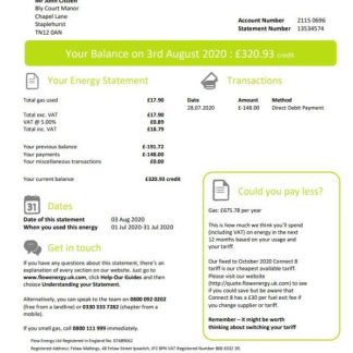 United Kingdom Flow Energy utility bill template in Word and PDF format download template file
