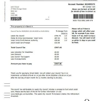 United Kingdom Leeds City Council tax bill template in Word and PDF format download template file