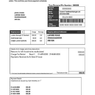 United Kingdom London of Borough of Newham council tax bill template in Word and PDF format download template file