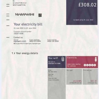 United Kingdom Npower electricity bill in PSD format download template file