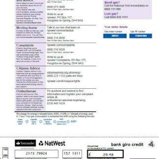 United Kingdom Npower utility bill template in Word and PDF formats, 3 pages, 3rd page download template file