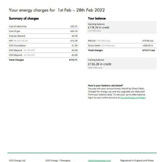 United Kingdom Ovo Energy electricity bill, Word and PDF template download template file