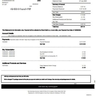 United Kingdom Sky utility bill statement template in Word and PDF format download template file