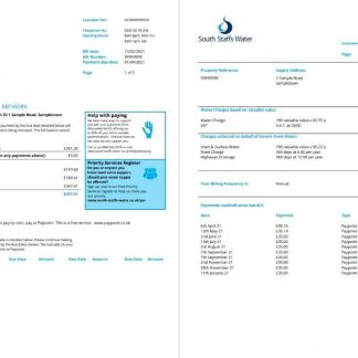 United Kingdom South Staffs Water utility bill template in Word and PDF format, 2 pages download template file