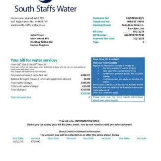 United Kingdom South Staffs Water water utility bill Word and PDF formats, version 2 download template file