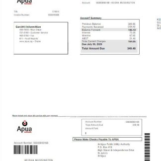 ANTIGUA AND BARBUDA APUA utility bill Word and PDF template download template file
