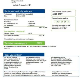 United Kingdom SSE Energy utility bill template in Word and PDF format, version 3 download template file