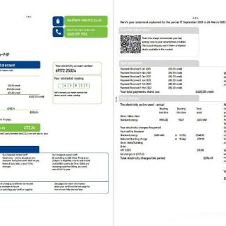 United Kingdom SSE Energy utility bill, Word and PDF template, 4 pages 1 2 download template file