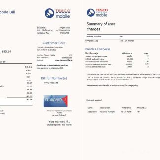 United Kingdom Tesco Mobile utility bill template in Word and PDF formats, 2 pages, version 2 download template file