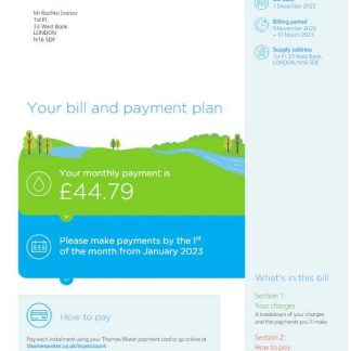 UNITED KINGDOM THAMES WATER utility bill Word and PDF template, version 3 download template file