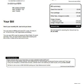 United Kingdom Virgin Media utility bill, Word and PDF template download template file