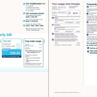 United Kingdom Yorkshire Water utility bill template in Word and PDF formats, 2 pages, version 2 download template file