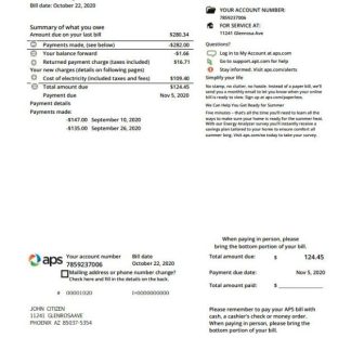 USA Arizona APS electricity proof of address utility bill template in Word and PDF format download template file