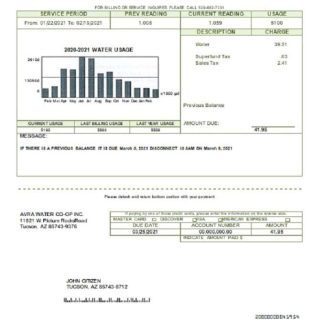 USA Arizona Avra Water utility bill template in Word and PDF format download template file