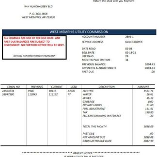 USA Arkansas West Memphis utility bill template in Word and PDF format download template file