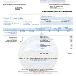 USA California City of Fountain Valley utility bill template in Word and PDF format download template file